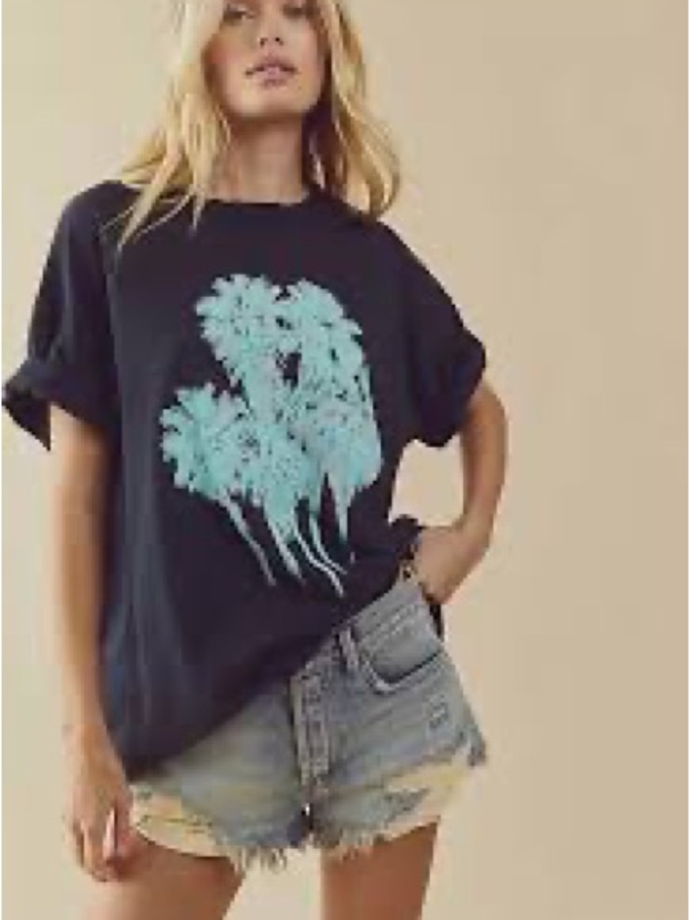 Free People Tee with Teal Palm Tree Graphic